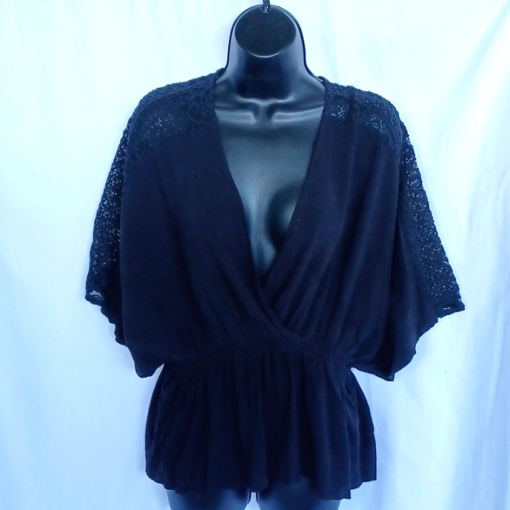 Mustard Seed Black Lace Top, Linen Blend, Sz S